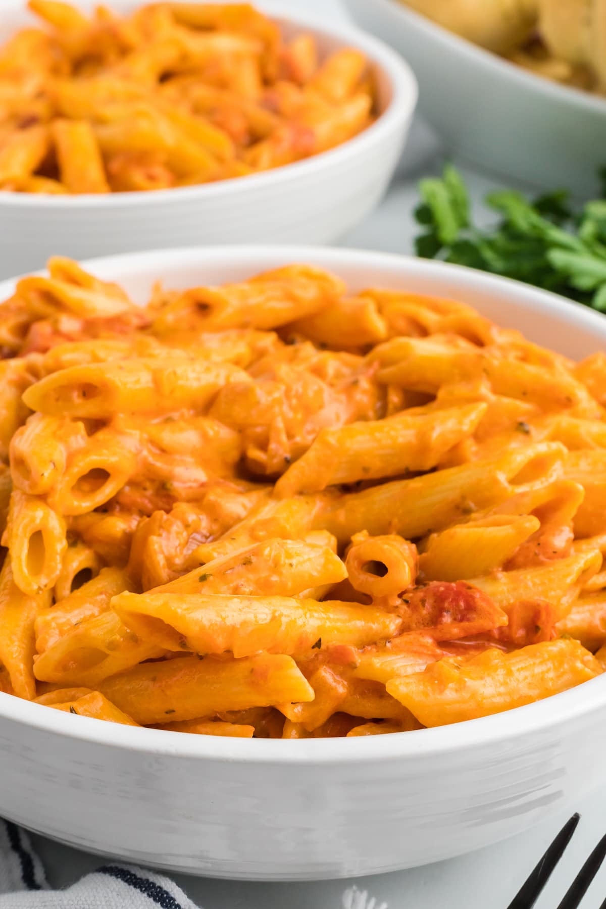 closeup image of the creamy pomodoro sauce over penne pasta.  