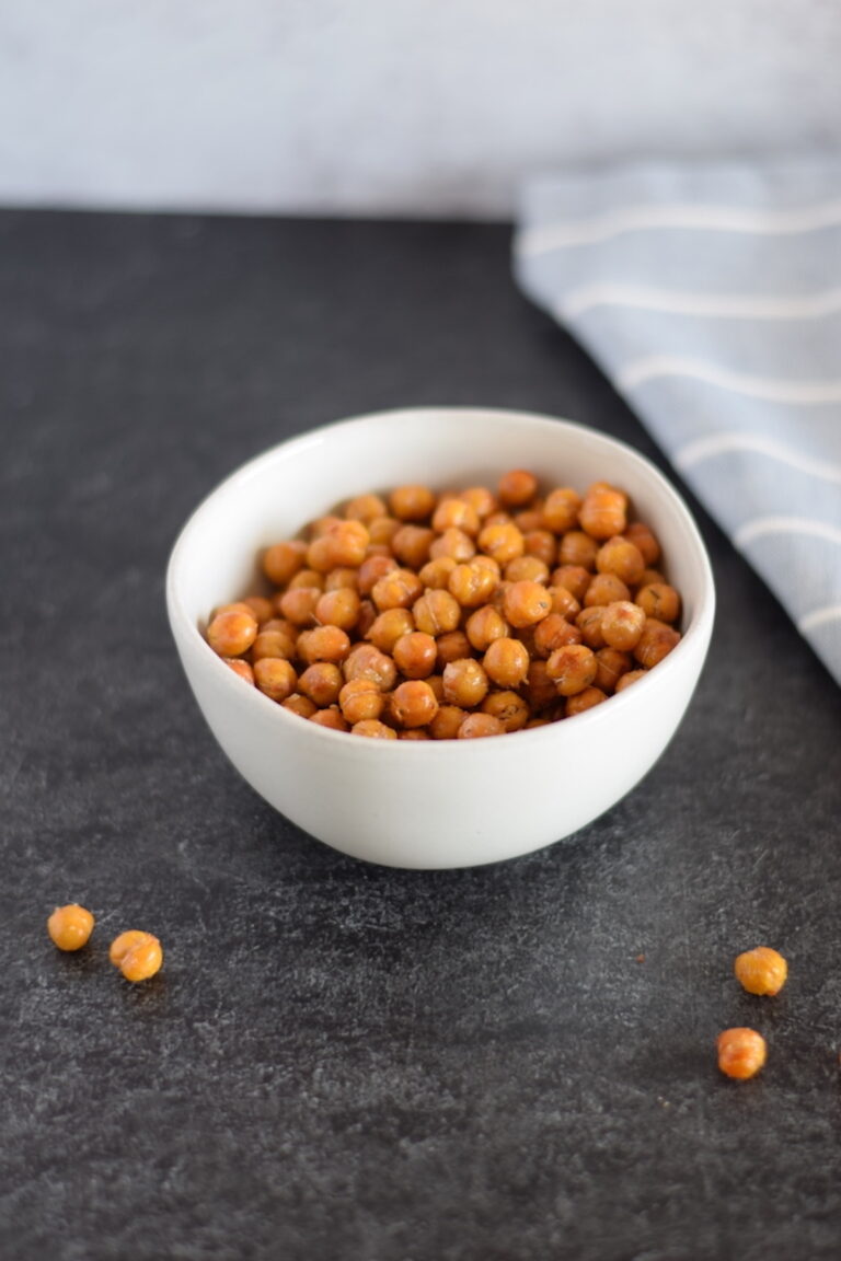 white bowl filled with crispy garbanzo beans.