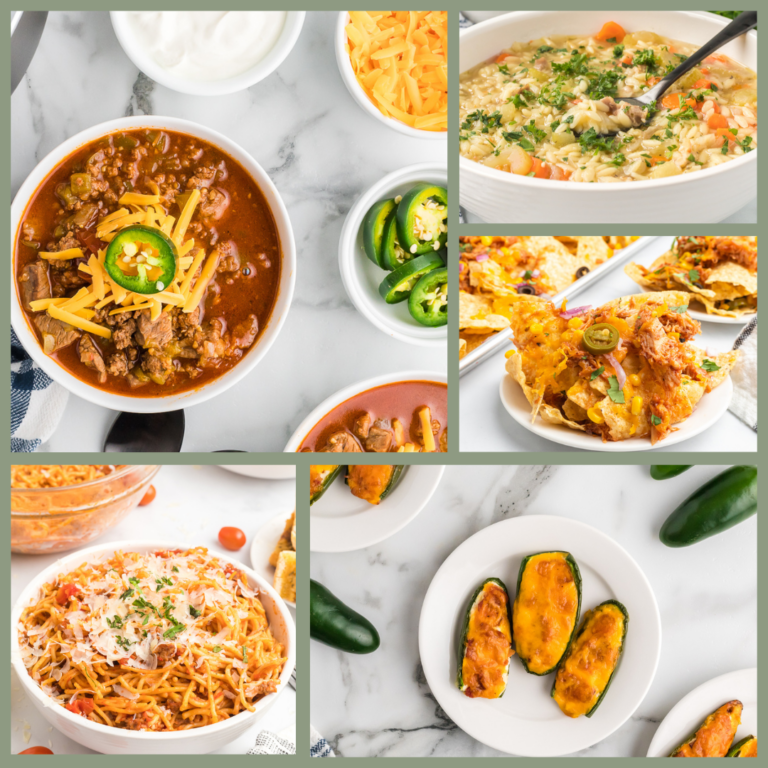 roundup collage of 5 Ninja Foodi recipes: chili, chicken soup, spaghetti, jalapeno poppers, shredded chicken nachos.