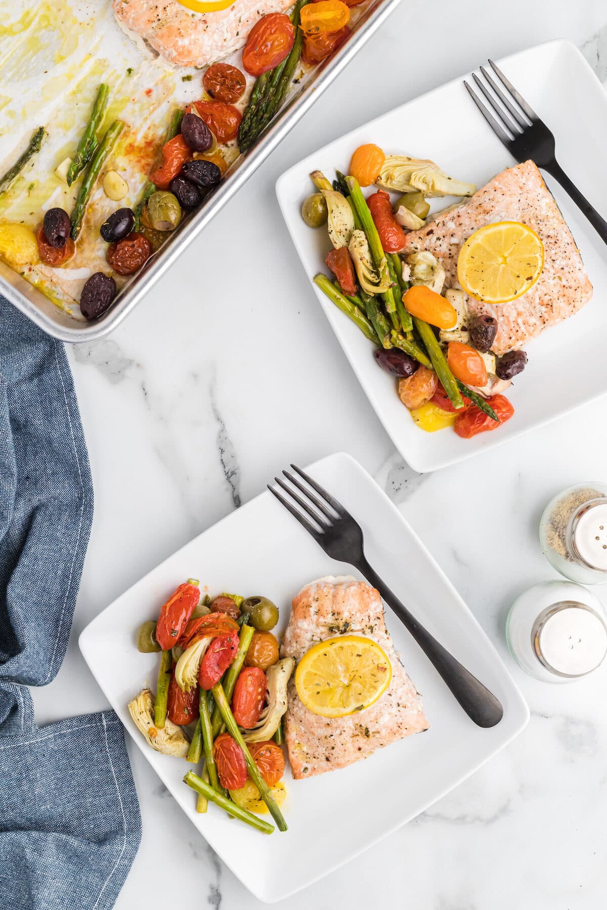 two white squares of mediterranean salmon.