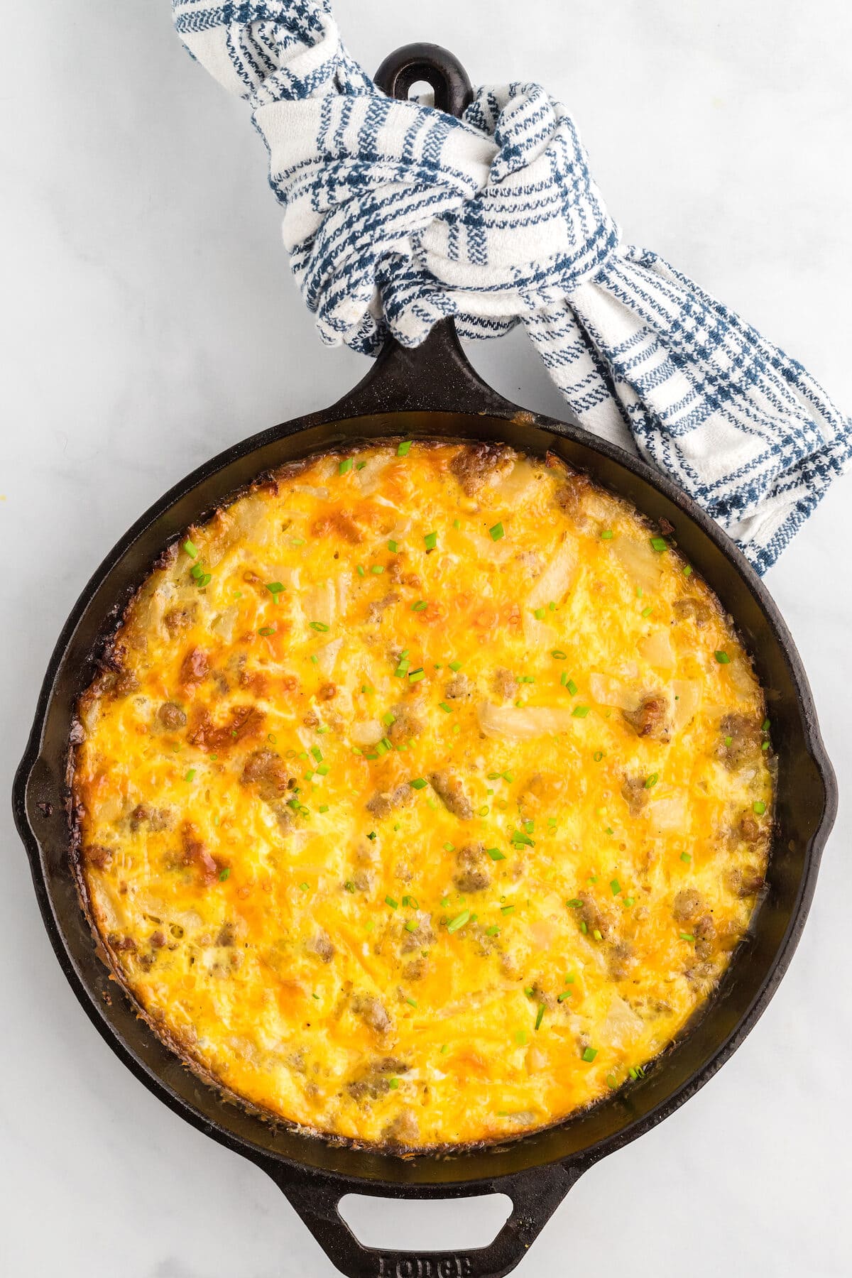 cast iron skillet with traeger eggs casserole.