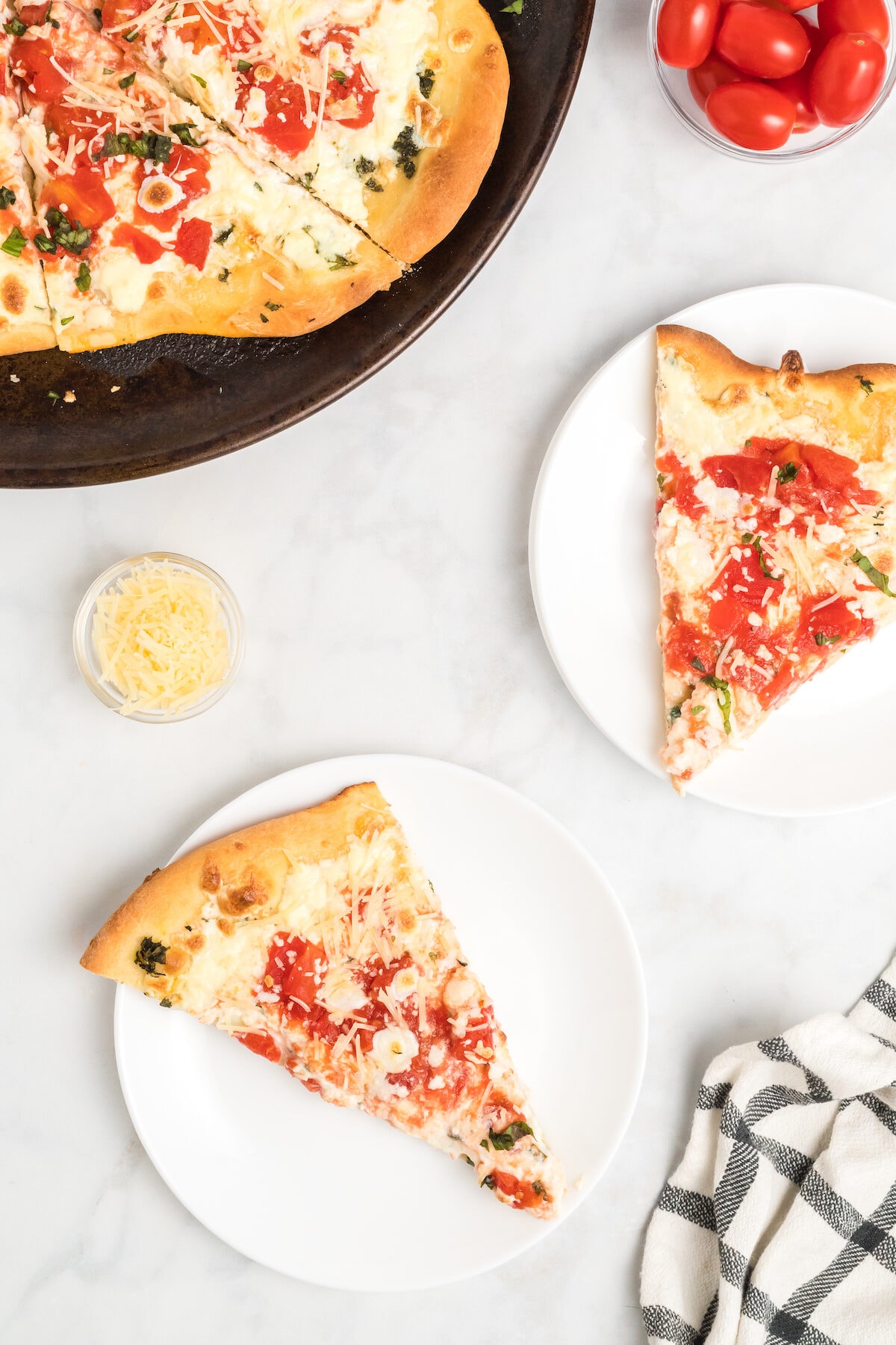 tomato, basil, and ricotta pizza. 