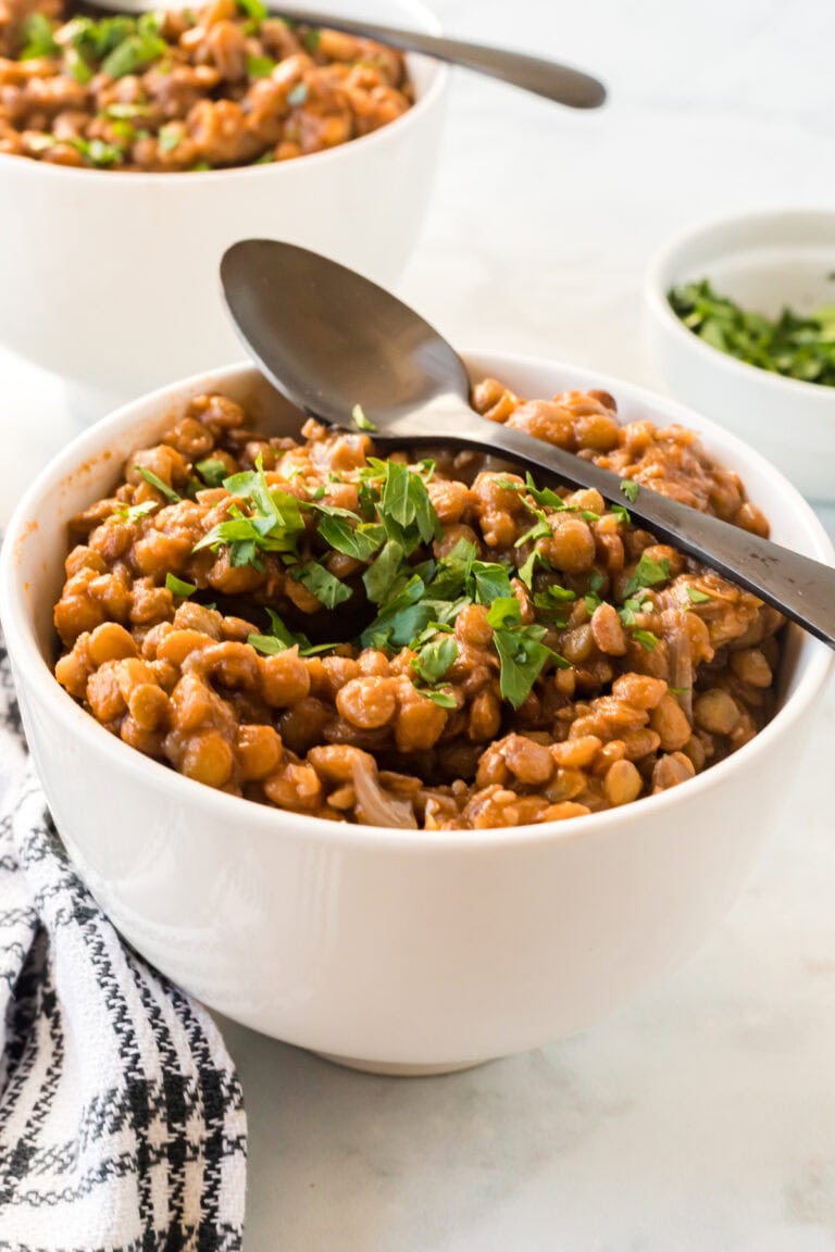 white bowl with lentil soup.