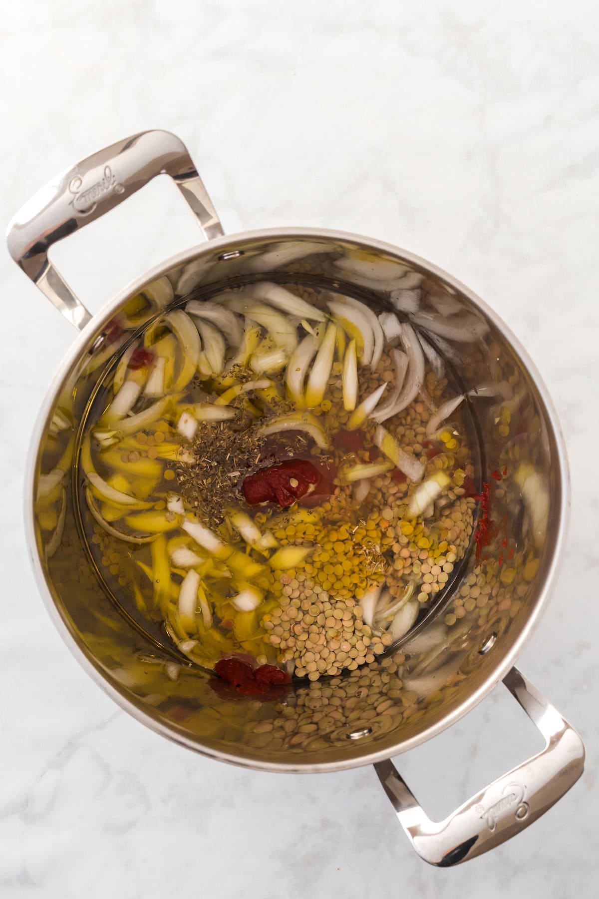 Mediterranean lentil soup in a soup pan.