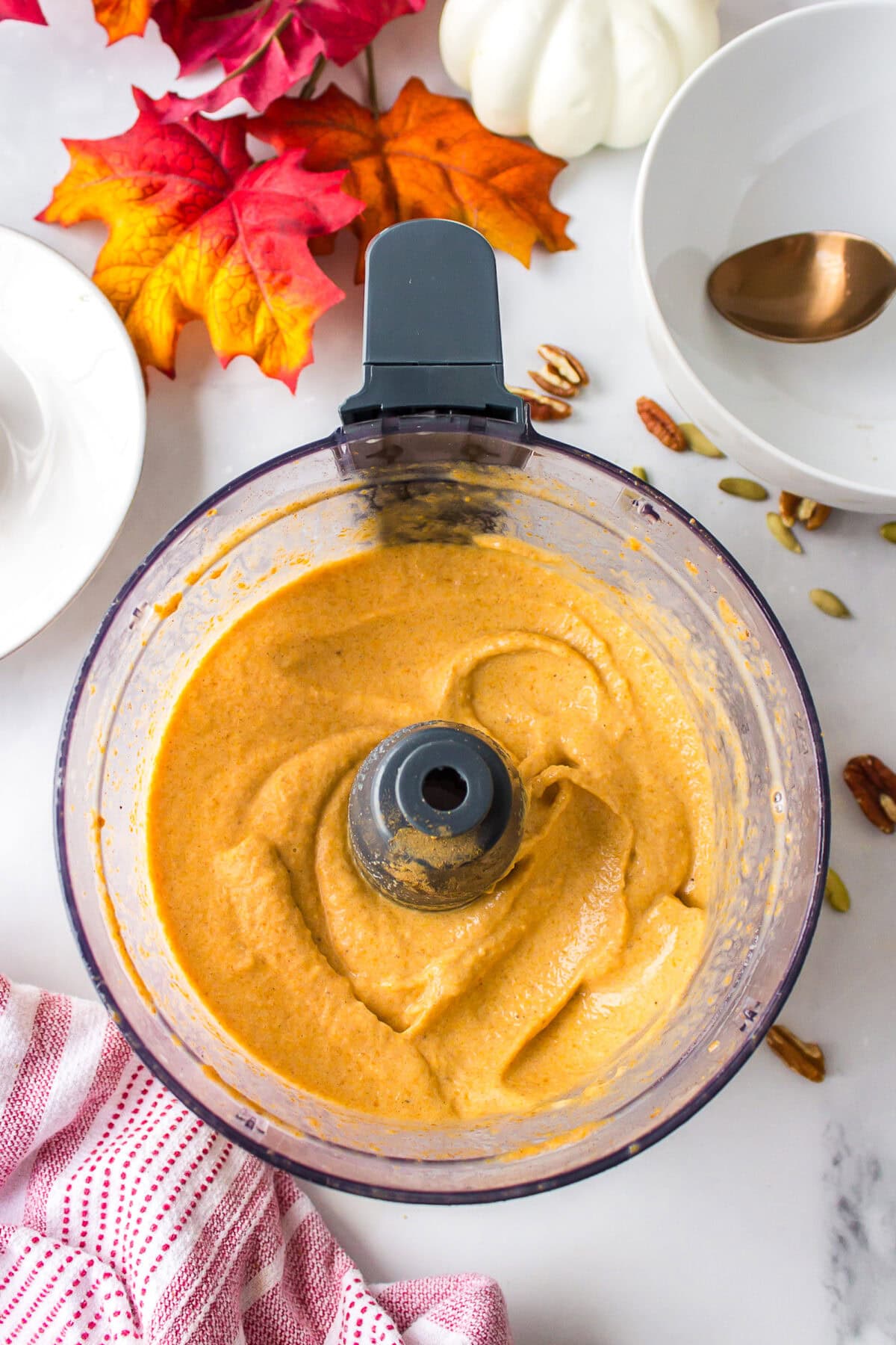 finished pumpkin smoothie in a blender bowl. 