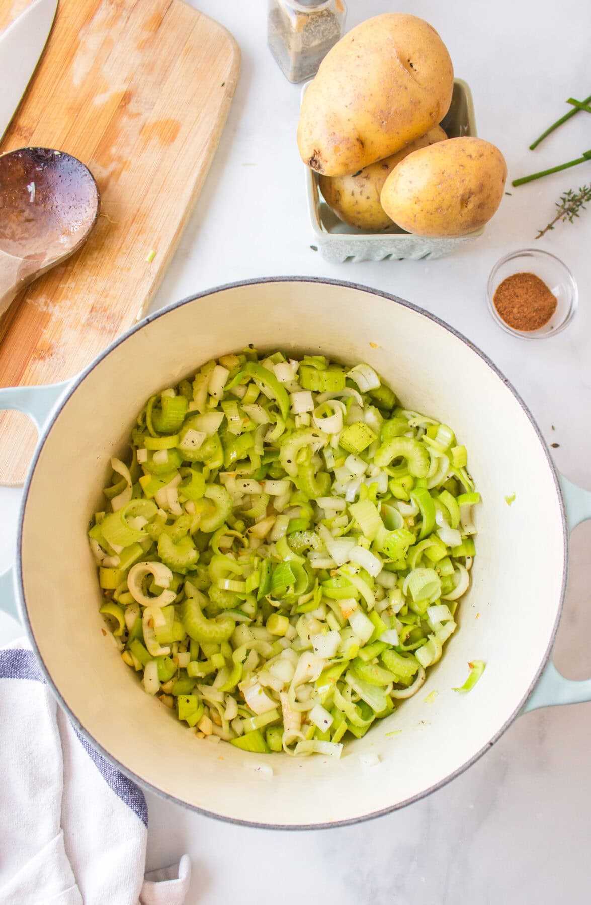 leeks and celery added to the dutch oven. 